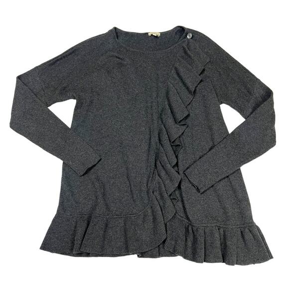 Project Sweater Dark Grey Ruffle Front Button Cardigan Long Sleeve Knit Women XS - Picture 3 of 12